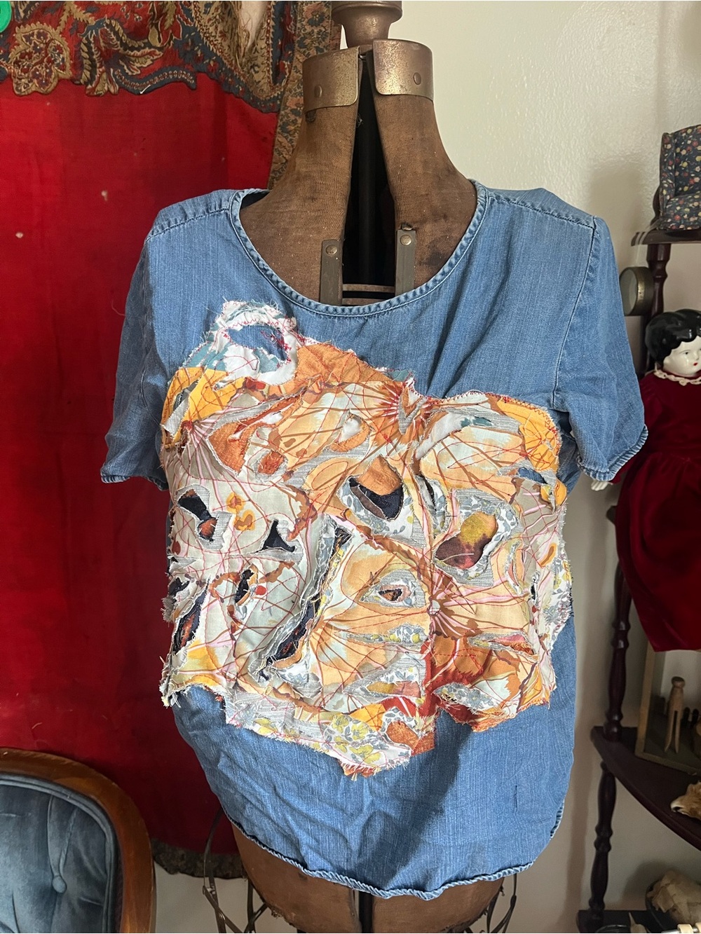 Upcycled Quilted Avant Garde Chambray Short Sleeve Top